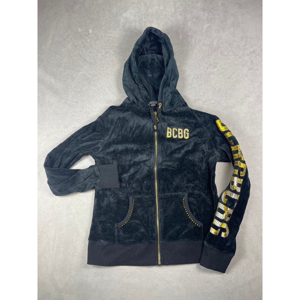 BCBG Max Azria Black Velour Rhinestone Zip Up Hoodie Womens Medium Y2K Gold Logo